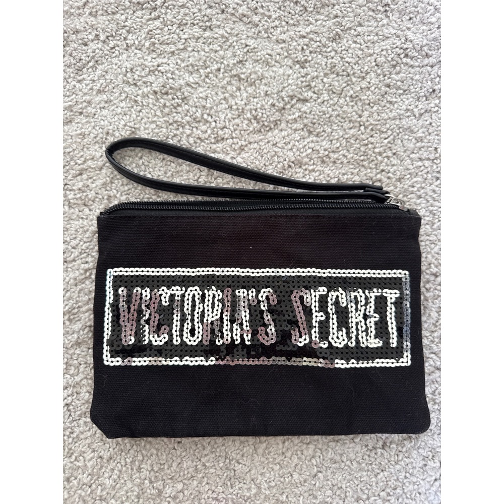 Victorias Secret Black Canvas Sequin Logo Wristlet Pouch Zipper Clutch Bag